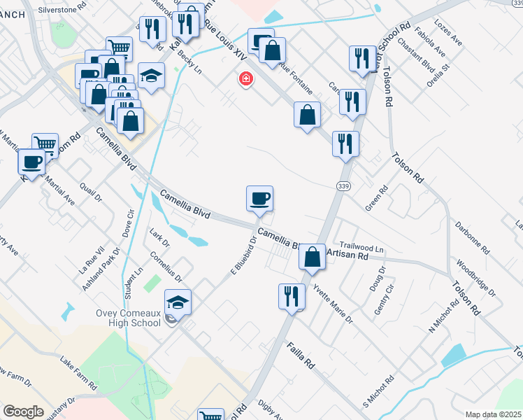 map of restaurants, bars, coffee shops, grocery stores, and more near 705 East Bluebird Drive in Lafayette