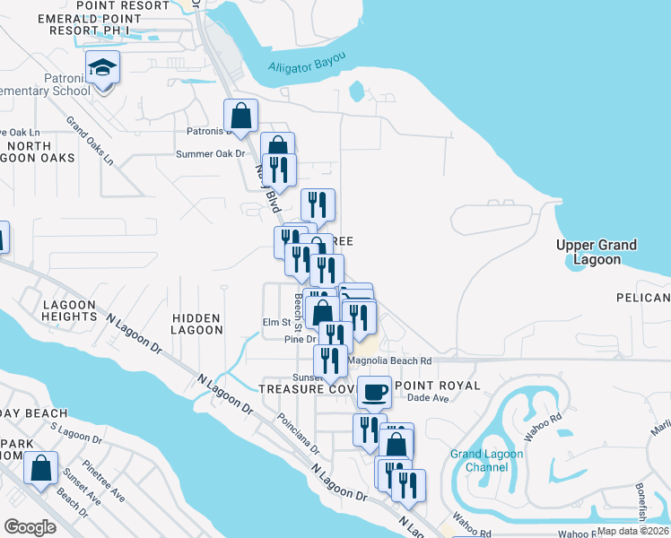 map of restaurants, bars, coffee shops, grocery stores, and more near 2305 Thomas Drive in Panama City