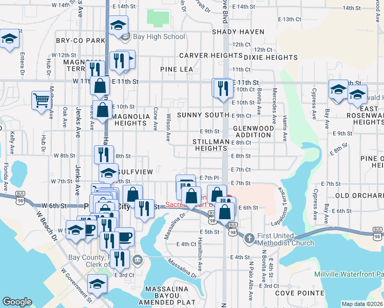 map of restaurants, bars, coffee shops, grocery stores, and more near 529 East 7th Court in Panama City