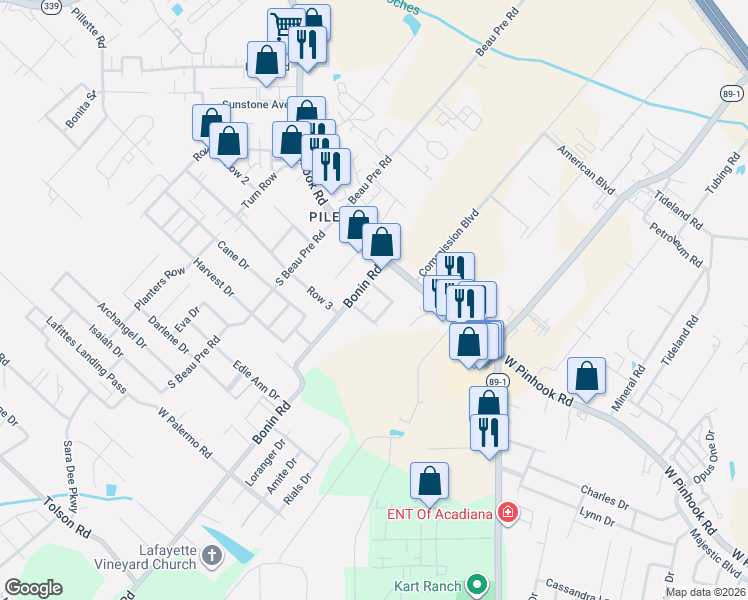 map of restaurants, bars, coffee shops, grocery stores, and more near 104 Dianne Street in Lafayette