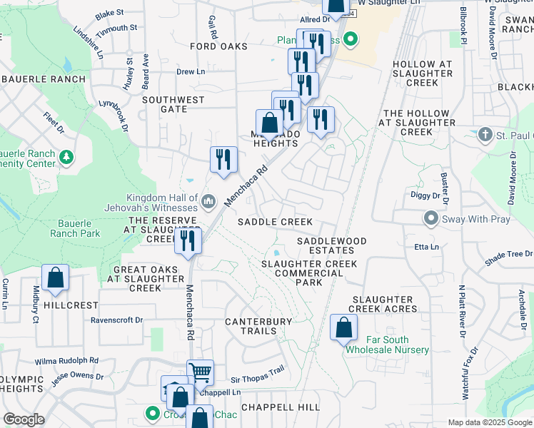 map of restaurants, bars, coffee shops, grocery stores, and more near 10801 Old Manchaca Road in Austin