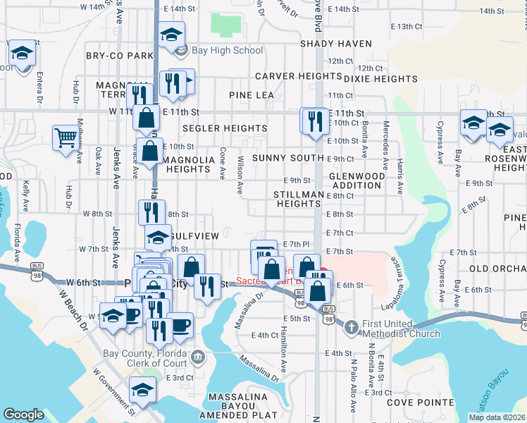 map of restaurants, bars, coffee shops, grocery stores, and more near 529 East 7th Court in Panama City