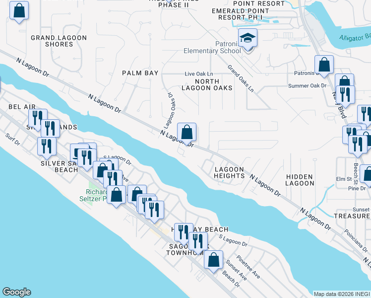 map of restaurants, bars, coffee shops, grocery stores, and more near 7813 North Lagoon Drive in Panama City Beach