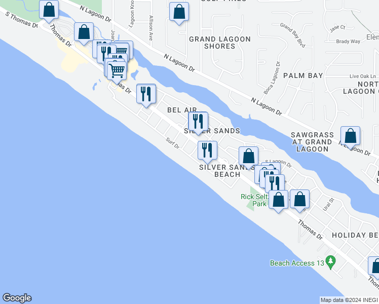 map of restaurants, bars, coffee shops, grocery stores, and more near 8200 Surf Drive in Panama City Beach