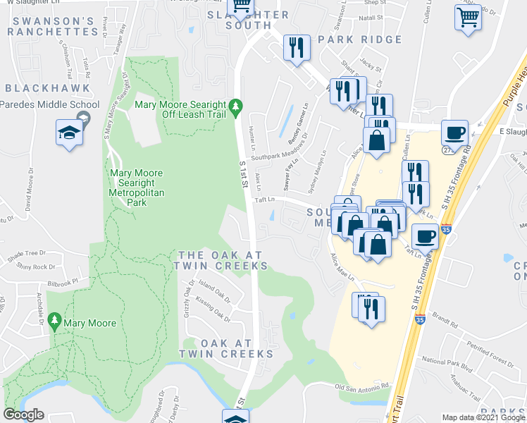 map of restaurants, bars, coffee shops, grocery stores, and more near 9936 South 1st Street in Austin