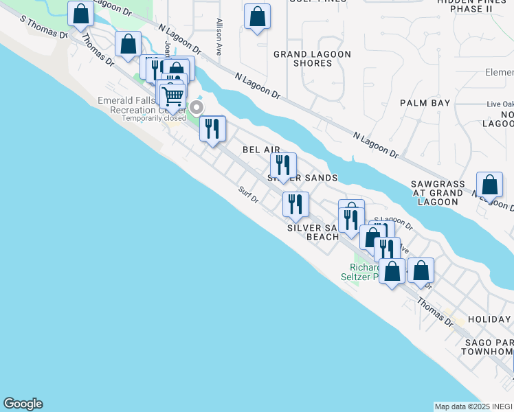 map of restaurants, bars, coffee shops, grocery stores, and more near 8207 Surf Drive in Panama City