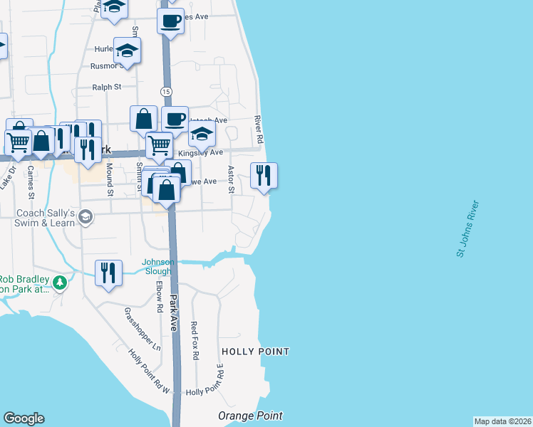 map of restaurants, bars, coffee shops, grocery stores, and more near 2199 Astor Street in Orange Park