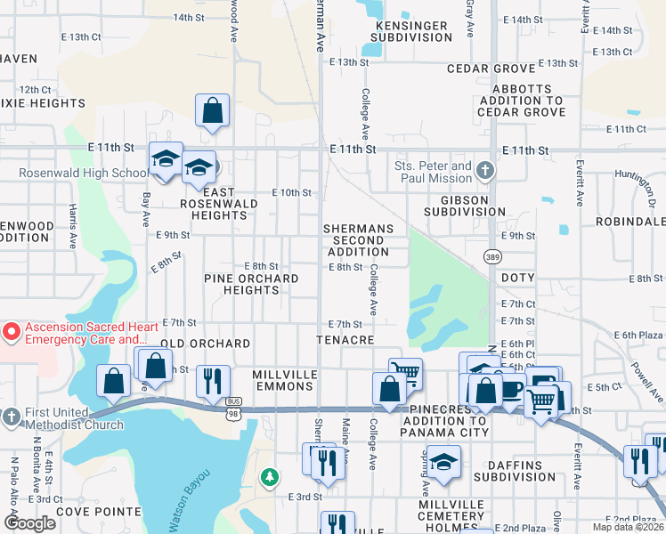 map of restaurants, bars, coffee shops, grocery stores, and more near 2009 East 8th Street in Panama City