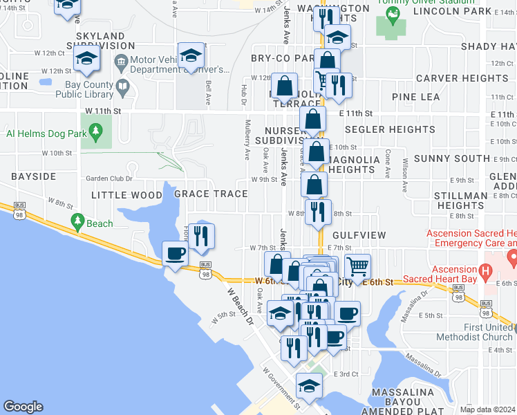 map of restaurants, bars, coffee shops, grocery stores, and more near 803 Oak Avenue in Panama City