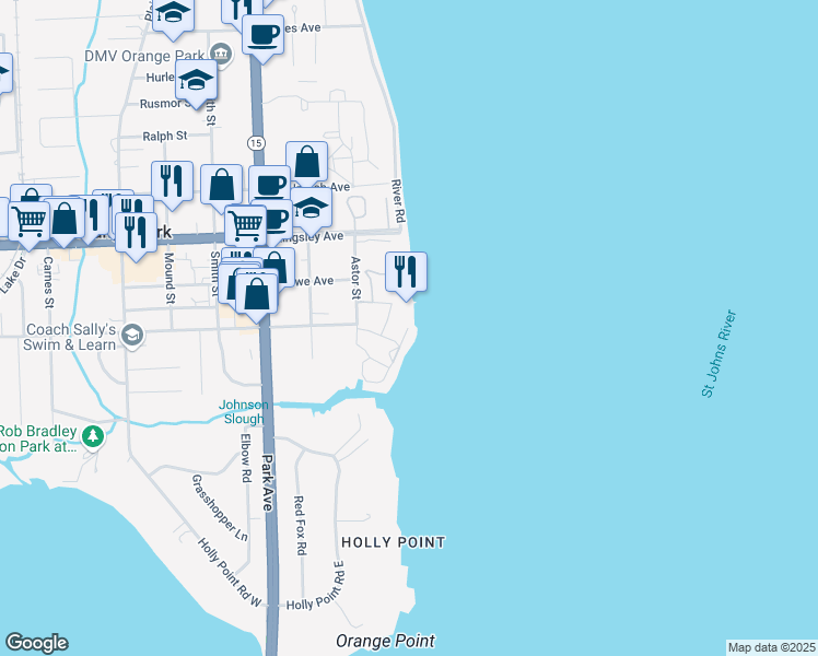 map of restaurants, bars, coffee shops, grocery stores, and more near 2143 Astor Street in Orange Park