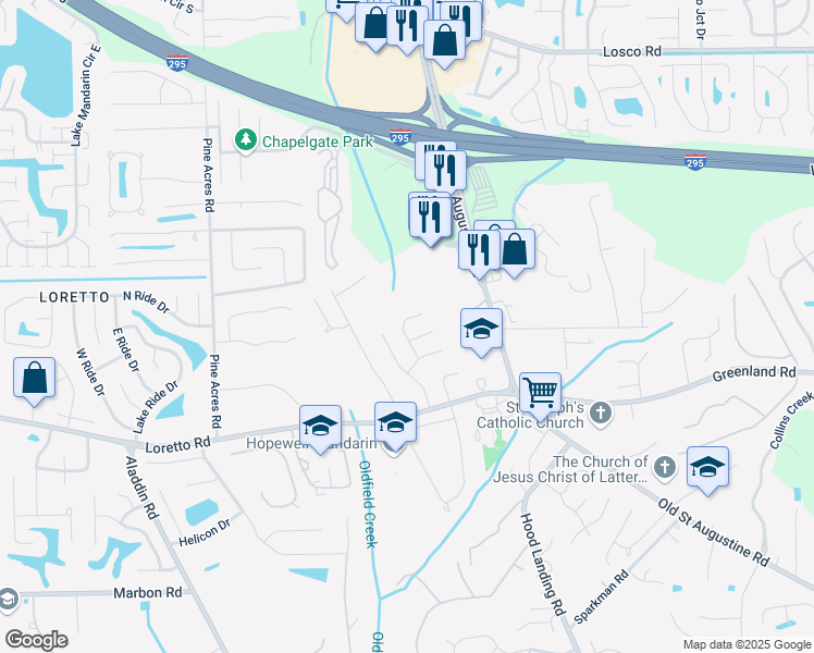 map of restaurants, bars, coffee shops, grocery stores, and more near 11586 Tyndel Creek Lane in Jacksonville
