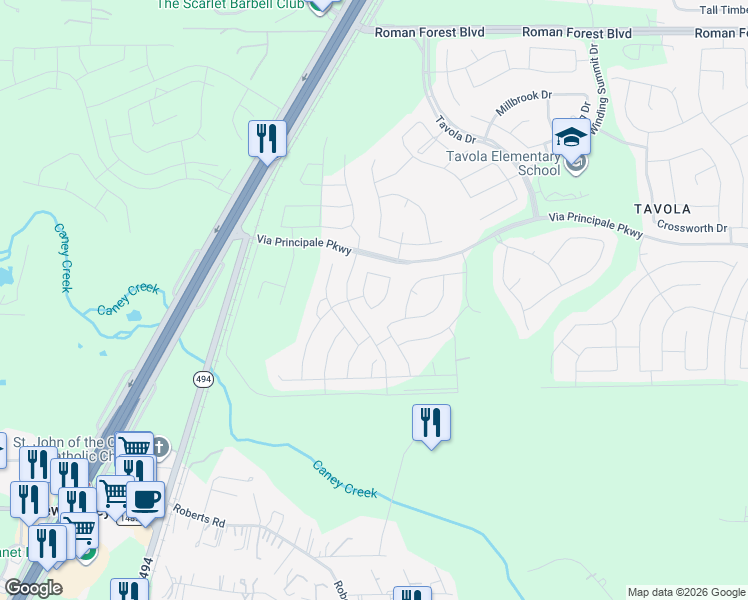 map of restaurants, bars, coffee shops, grocery stores, and more near 22528 Gran Sasso Drive in Roman Forest