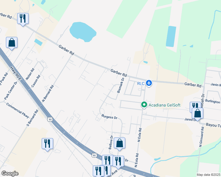 map of restaurants, bars, coffee shops, grocery stores, and more near 200 Riesling Circle in Broussard