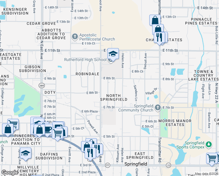 map of restaurants, bars, coffee shops, grocery stores, and more near 759 Sheffield Avenue in Panama City