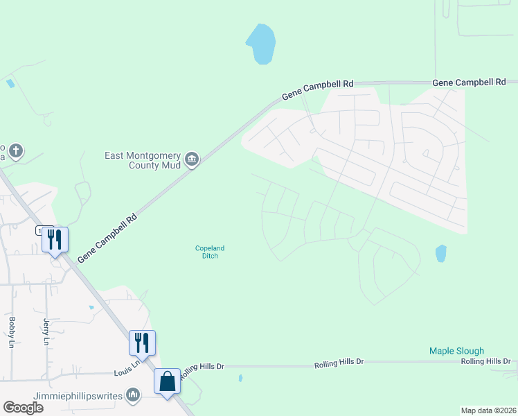 map of restaurants, bars, coffee shops, grocery stores, and more near 20155-20569 Gene Campbell Road in New Caney
