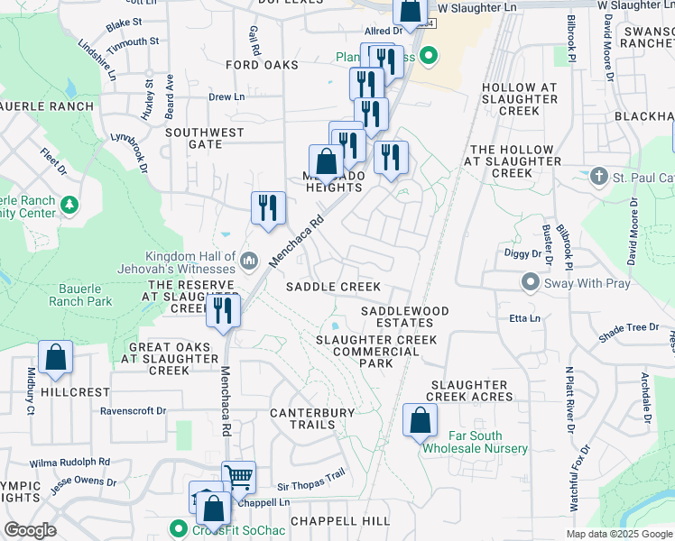 map of restaurants, bars, coffee shops, grocery stores, and more near 10801 Old Manchaca Road in Austin