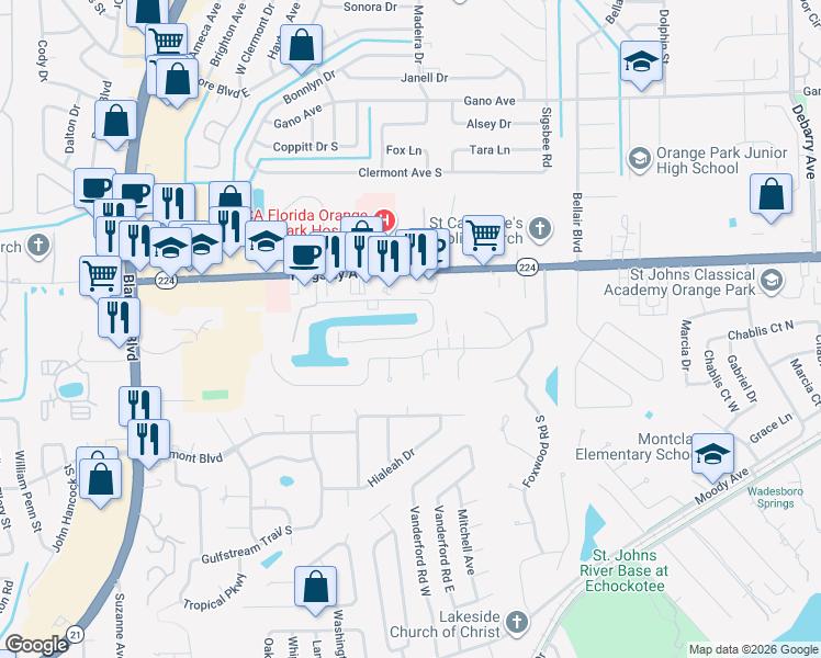 map of restaurants, bars, coffee shops, grocery stores, and more near 42 Fox Valley Drive in Orange Park