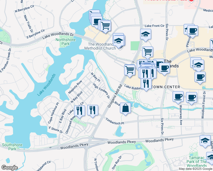 map of restaurants, bars, coffee shops, grocery stores, and more near 11 Waterton Cove Place in The Woodlands