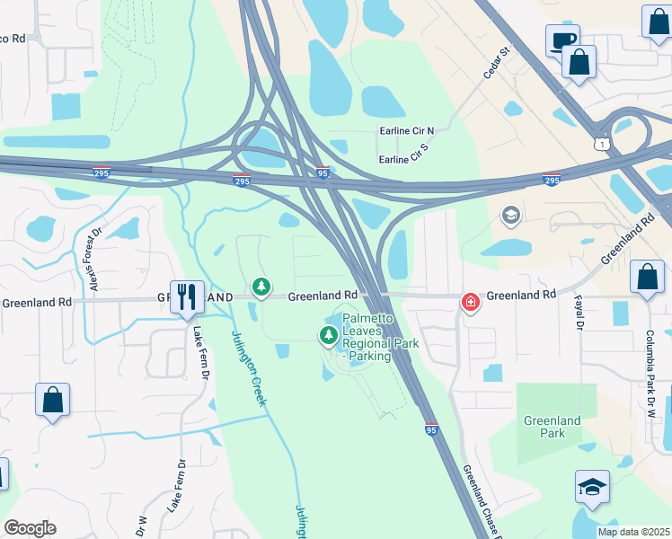 map of restaurants, bars, coffee shops, grocery stores, and more near 6068 Glenroy Terrace in Jacksonville