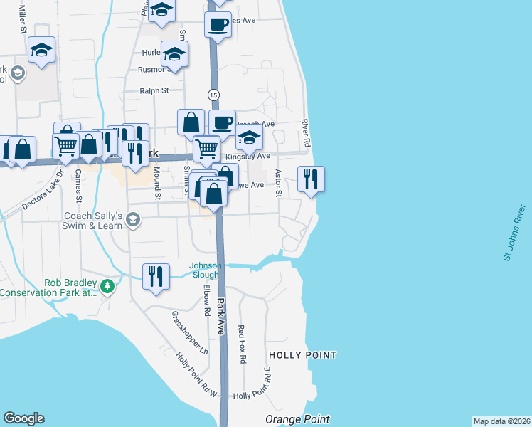 map of restaurants, bars, coffee shops, grocery stores, and more near 2138 Astor Street in Orange Park