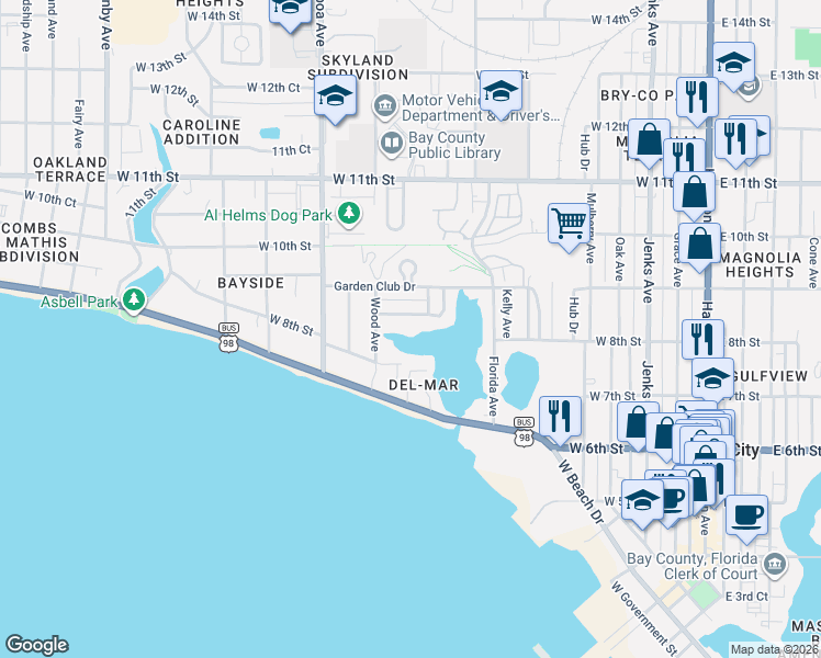 map of restaurants, bars, coffee shops, grocery stores, and more near 816 West 8th Street in Panama City