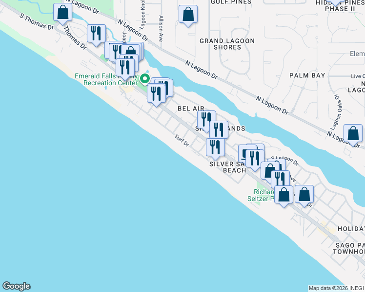 map of restaurants, bars, coffee shops, grocery stores, and more near Surf Drive in Panama City