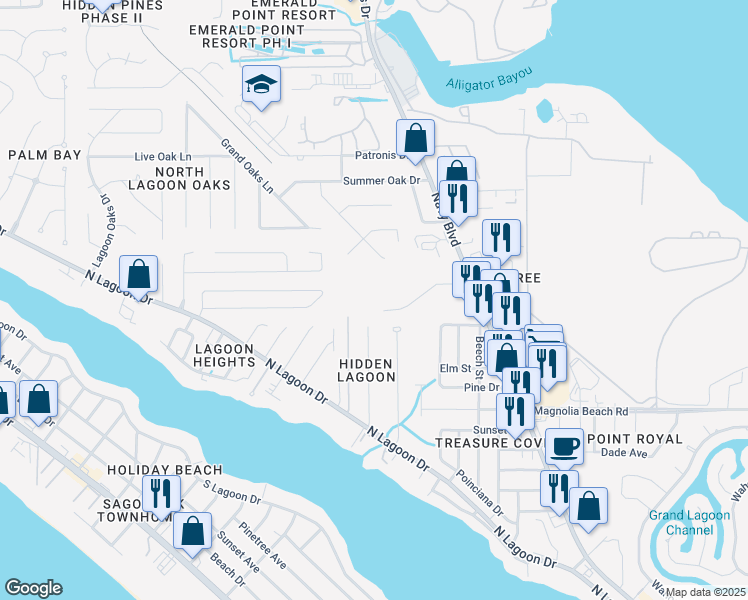 map of restaurants, bars, coffee shops, grocery stores, and more near 2200 Thomas Drive in Panama City