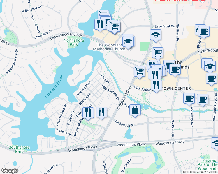 map of restaurants, bars, coffee shops, grocery stores, and more near 25 Topside Row in Spring