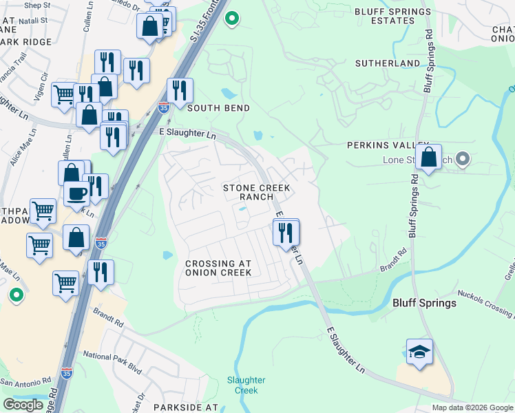map of restaurants, bars, coffee shops, grocery stores, and more near 515 East Slaughter Lane in Austin