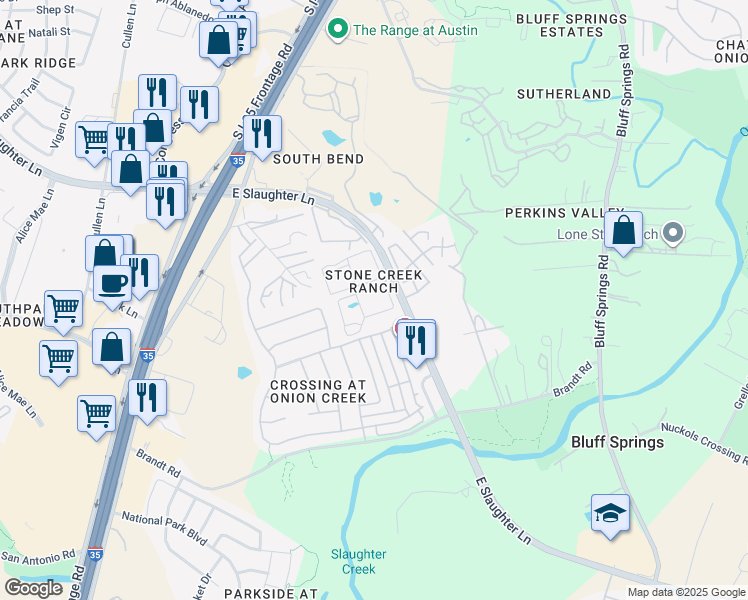 map of restaurants, bars, coffee shops, grocery stores, and more near 515 East Slaughter Lane in Austin