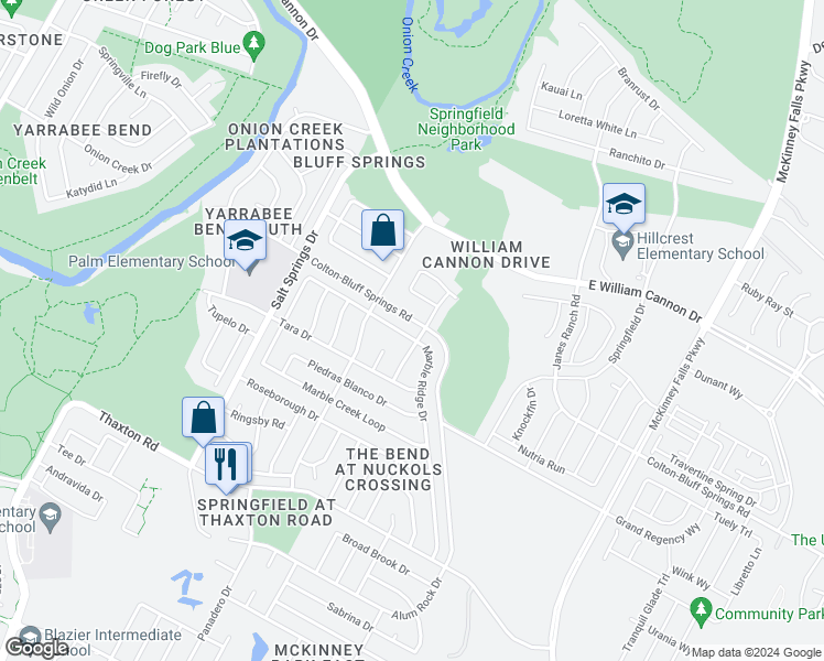 map of restaurants, bars, coffee shops, grocery stores, and more near 7537 Marble Ridge Drive in Austin