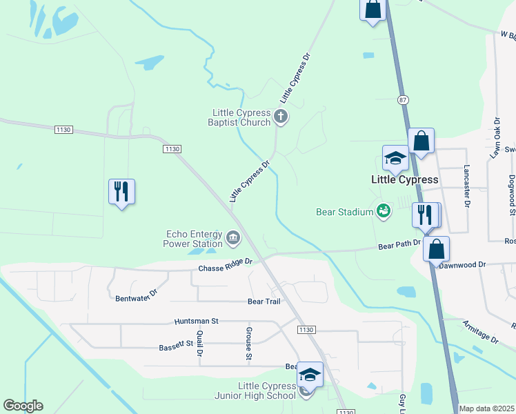map of restaurants, bars, coffee shops, grocery stores, and more near 7700 Farm to Market Road 1130 in Orange