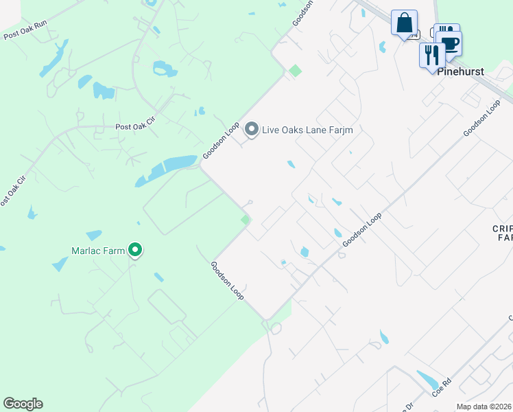 map of restaurants, bars, coffee shops, grocery stores, and more near 1706 Goodson Loop in Pinehurst