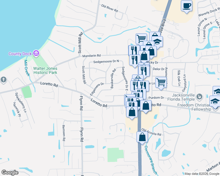 map of restaurants, bars, coffee shops, grocery stores, and more near 11626 Edgemere Drive in Jacksonville