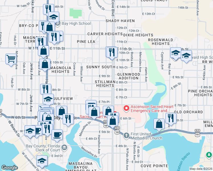map of restaurants, bars, coffee shops, grocery stores, and more near 619 East 8th Court in Panama City