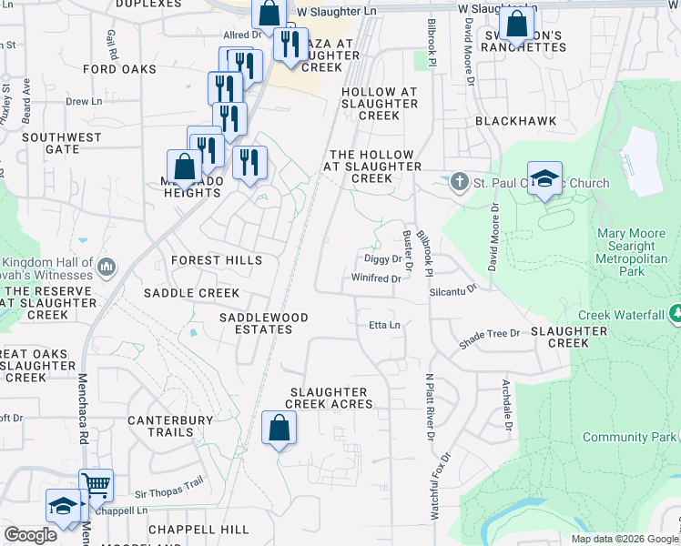 map of restaurants, bars, coffee shops, grocery stores, and more near 10401 Bramble Berry Drive in Austin
