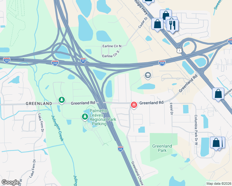 map of restaurants, bars, coffee shops, grocery stores, and more near 11560 Ayala Road in Jacksonville