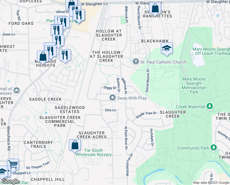 map of restaurants, bars, coffee shops, grocery stores, and more near 10301 Buster Drive in Austin