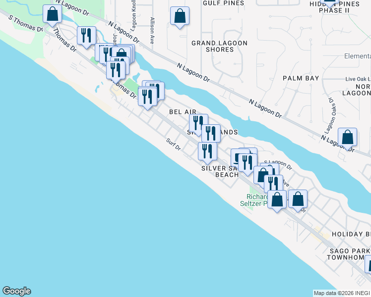 map of restaurants, bars, coffee shops, grocery stores, and more near 8201 Thomas Drive in Panama City Beach