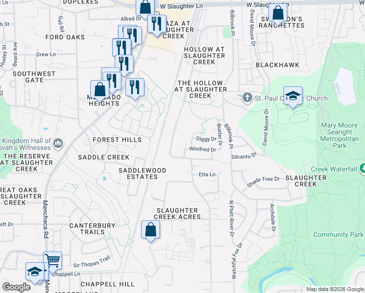 map of restaurants, bars, coffee shops, grocery stores, and more near 10401 Bramble Berry Drive in Austin
