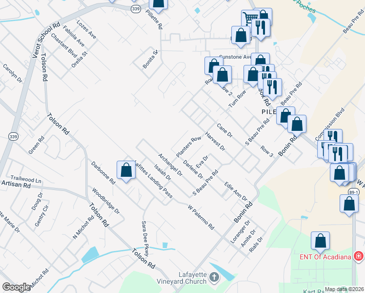 map of restaurants, bars, coffee shops, grocery stores, and more near 418 Planters Row in Lafayette