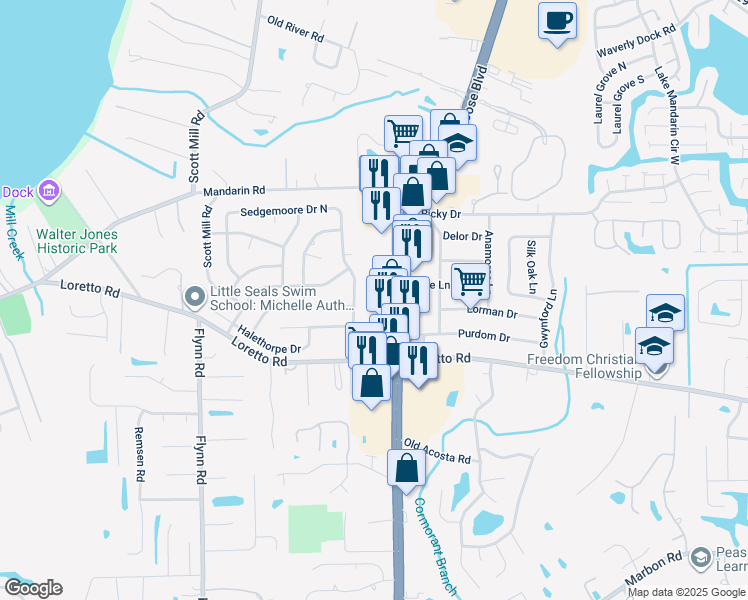 map of restaurants, bars, coffee shops, grocery stores, and more near 11528 San Jose Boulevard in Jacksonville