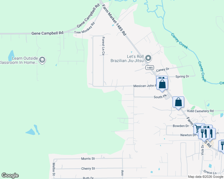 map of restaurants, bars, coffee shops, grocery stores, and more near 21564 Mexican John Road in New Caney