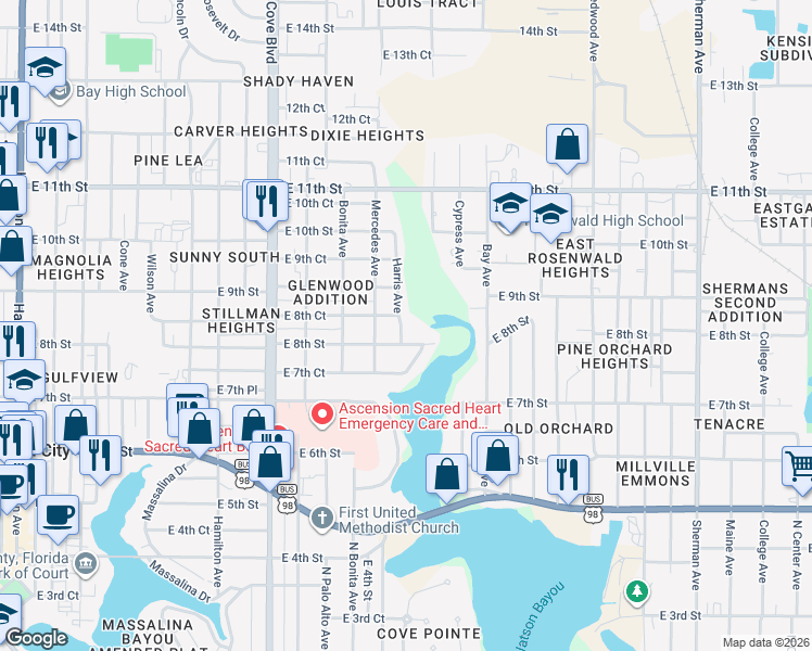 map of restaurants, bars, coffee shops, grocery stores, and more near 806 Harris Avenue in Panama City