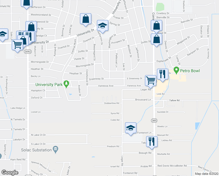 map of restaurants, bars, coffee shops, grocery stores, and more near 251 Vanessa Avenue in Lake Charles