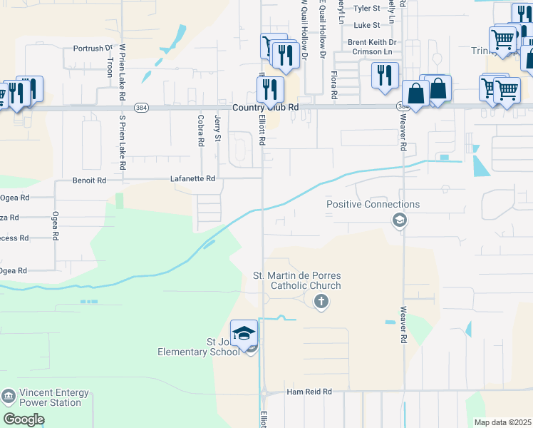 map of restaurants, bars, coffee shops, grocery stores, and more near 5225 Elliott Road in Lake Charles