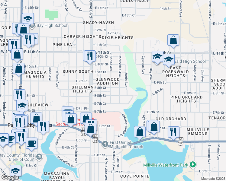 map of restaurants, bars, coffee shops, grocery stores, and more near 907 E 8th Ct in Panama City