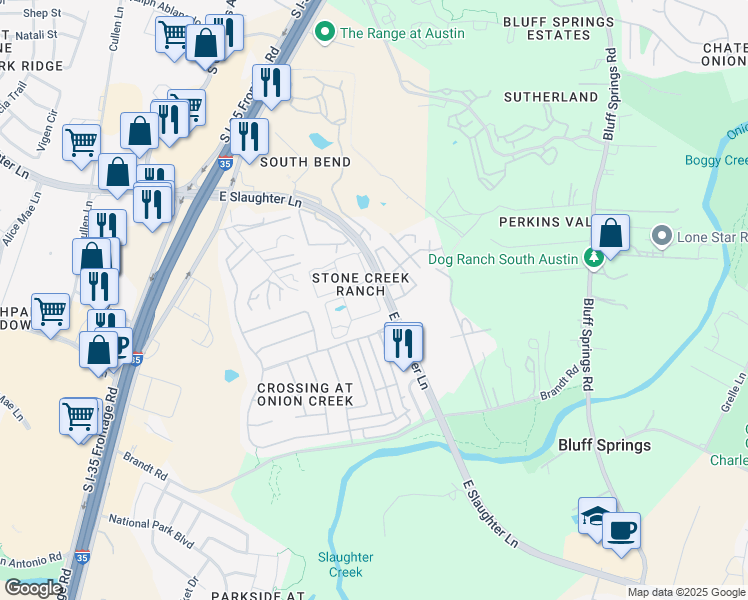 map of restaurants, bars, coffee shops, grocery stores, and more near 339 East Slaughter Lane in Austin