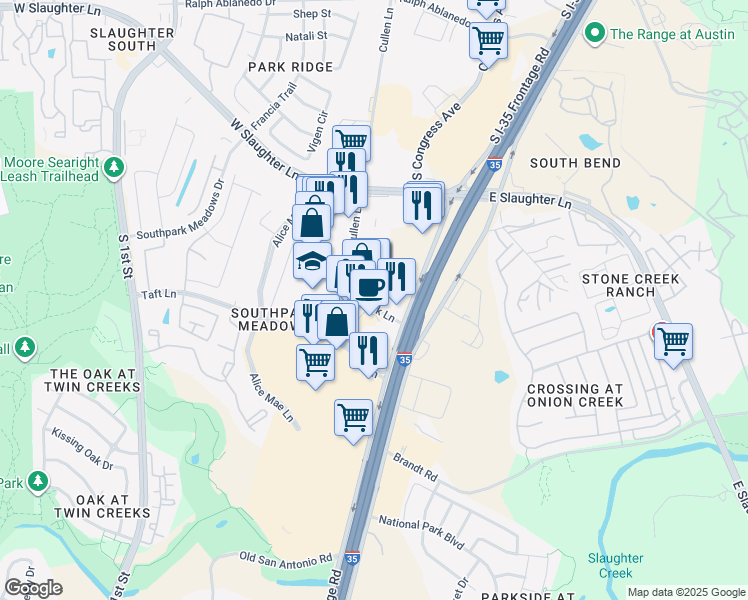 map of restaurants, bars, coffee shops, grocery stores, and more near 9300 South Interstate 35 Frontage Road in Austin