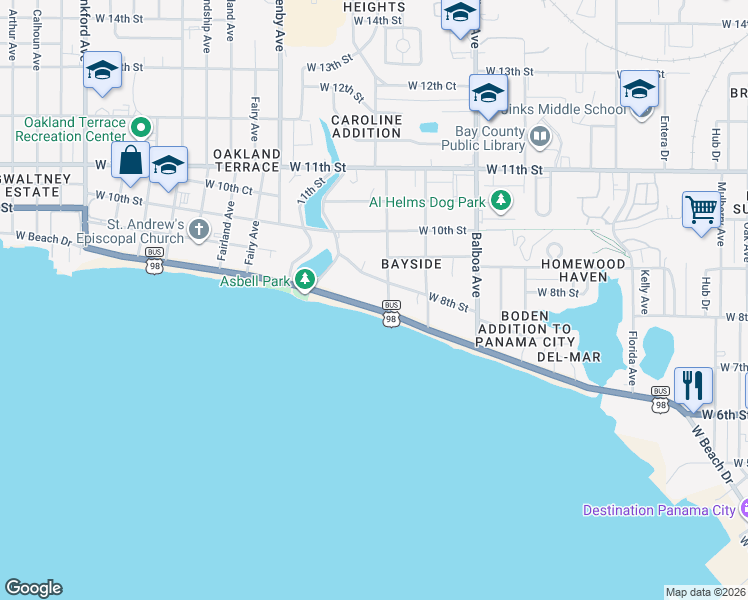 map of restaurants, bars, coffee shops, grocery stores, and more near 1210 West Beach Drive in Panama City
